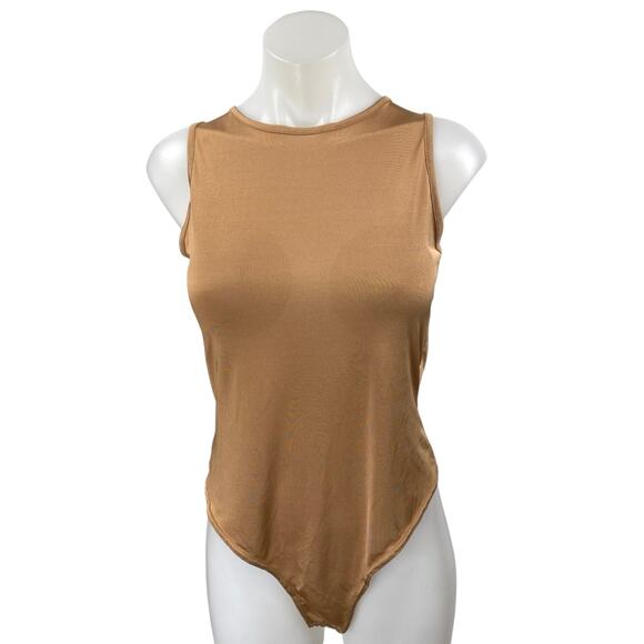 NEW Missguided Tan Sleeveless Crew Neck Muscle Tee Cami Tank Bodysuit Top Sz 12 - Picture 1 of 4